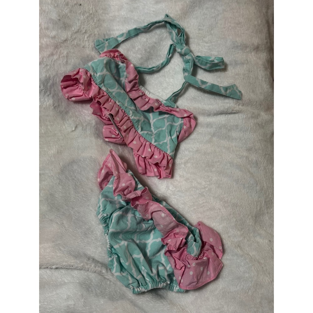 Banana Split Kids Aqua‎ Pink Ruffle Sunsuit Set Polka Dot Bloomers 3M